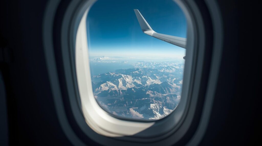 The portal window of a jet heading south to Mexico vacation over the rocky mountains